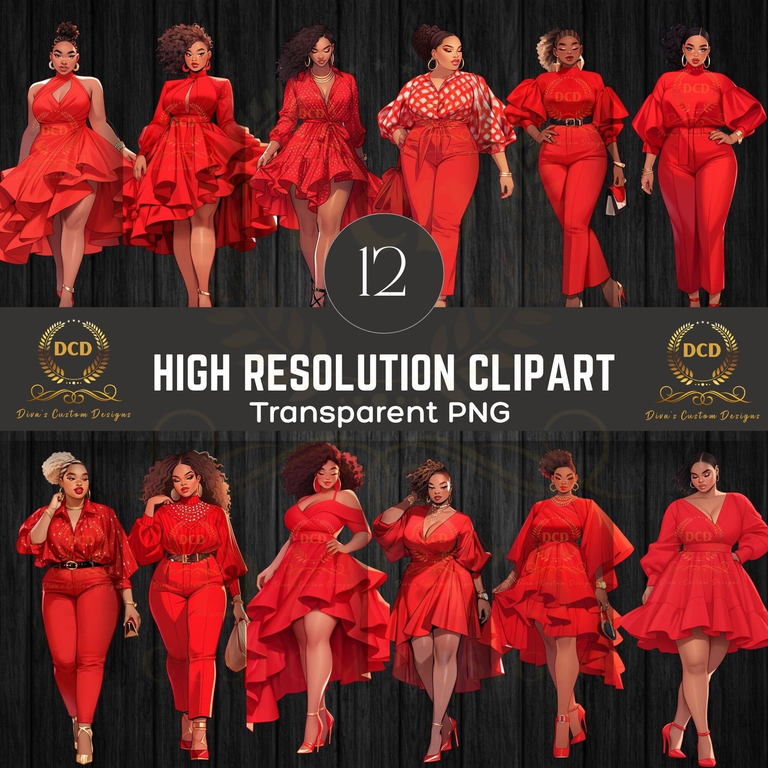 Ladies In Red High-Resolution Clip Art | Digital Sticker | African-American | Includes a Small Business Commercial Use License